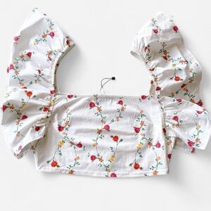 NEW ZARA Viral White Multi Color Floral Crop Top Ruffle Sleeves Size M